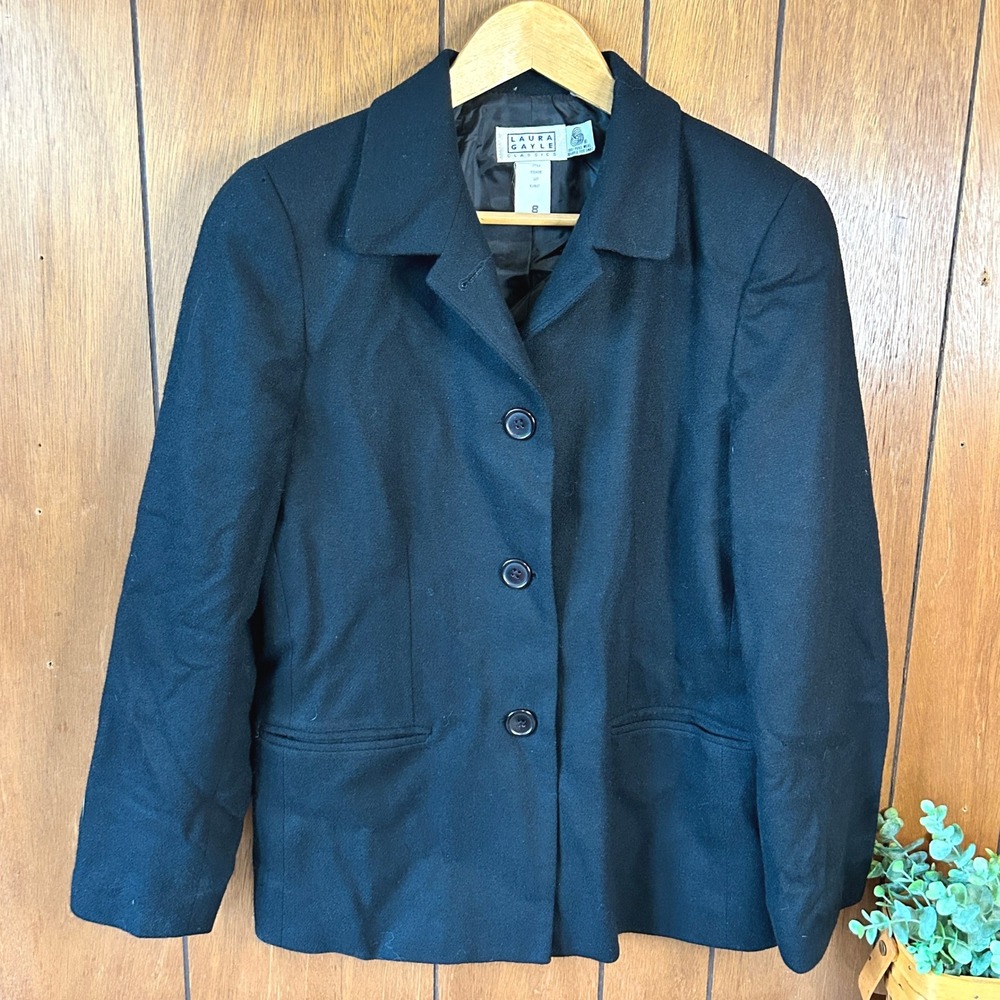 Vintage Laura Gayle Classics Black Wool Blend Blazer Jacket Size 8 Business